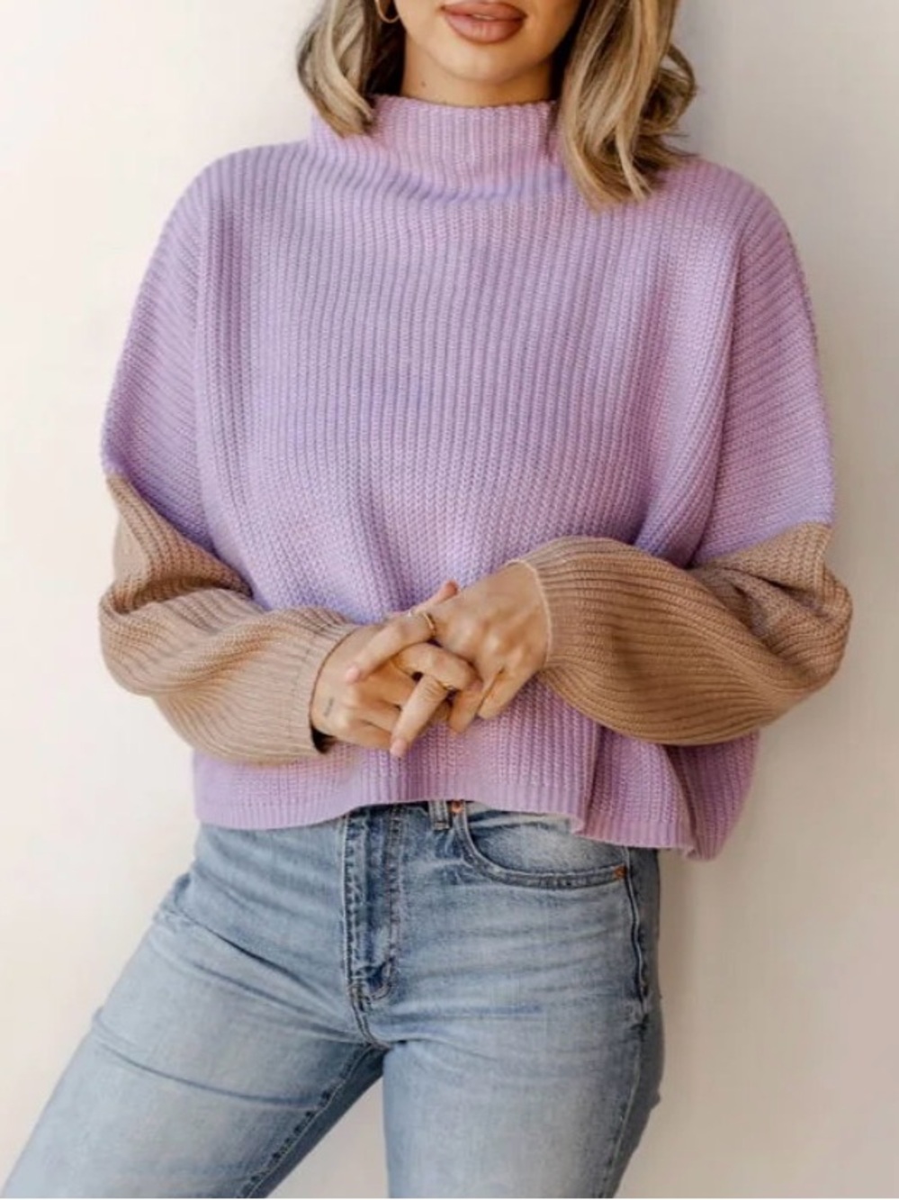 This + That Lavender & Taupe Colorblock Mock Neck Sweater L
